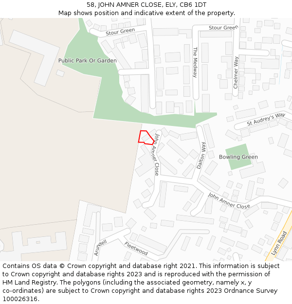 58, JOHN AMNER CLOSE, ELY, CB6 1DT: Location map and indicative extent of plot