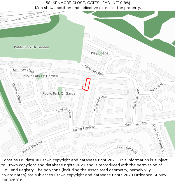 58, KENMORE CLOSE, GATESHEAD, NE10 8WJ: Location map and indicative extent of plot