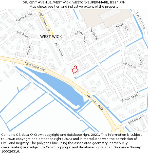 58, KENT AVENUE, WEST WICK, WESTON-SUPER-MARE, BS24 7FH: Location map and indicative extent of plot