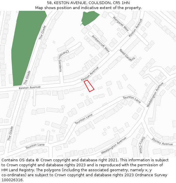 58, KESTON AVENUE, COULSDON, CR5 1HN: Location map and indicative extent of plot