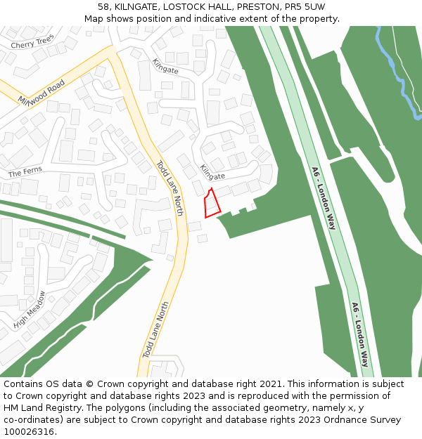 58, KILNGATE, LOSTOCK HALL, PRESTON, PR5 5UW: Location map and indicative extent of plot