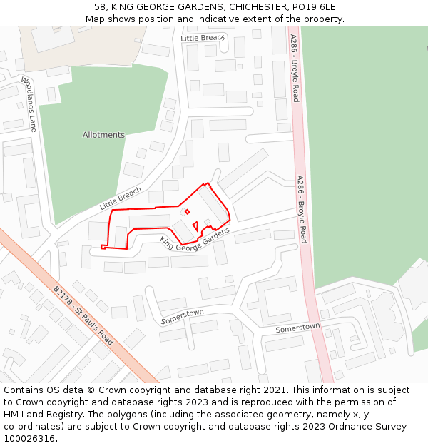 58, KING GEORGE GARDENS, CHICHESTER, PO19 6LE: Location map and indicative extent of plot