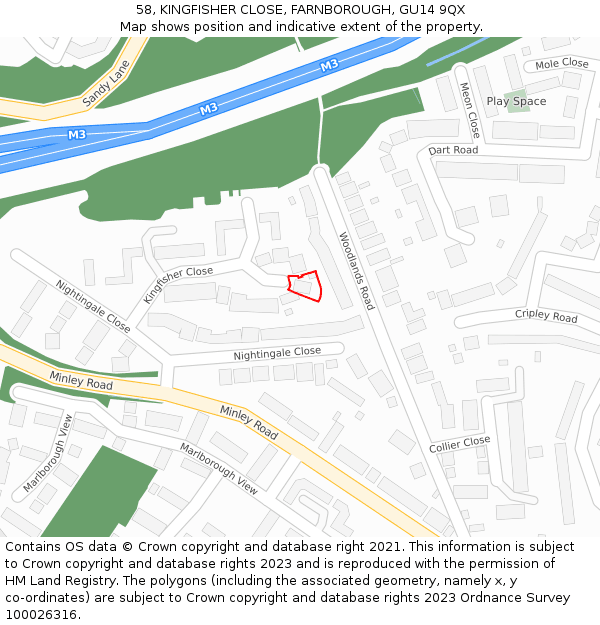 58, KINGFISHER CLOSE, FARNBOROUGH, GU14 9QX: Location map and indicative extent of plot