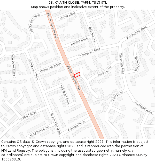 58, KNAITH CLOSE, YARM, TS15 9TL: Location map and indicative extent of plot