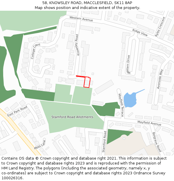 58, KNOWSLEY ROAD, MACCLESFIELD, SK11 8AP: Location map and indicative extent of plot