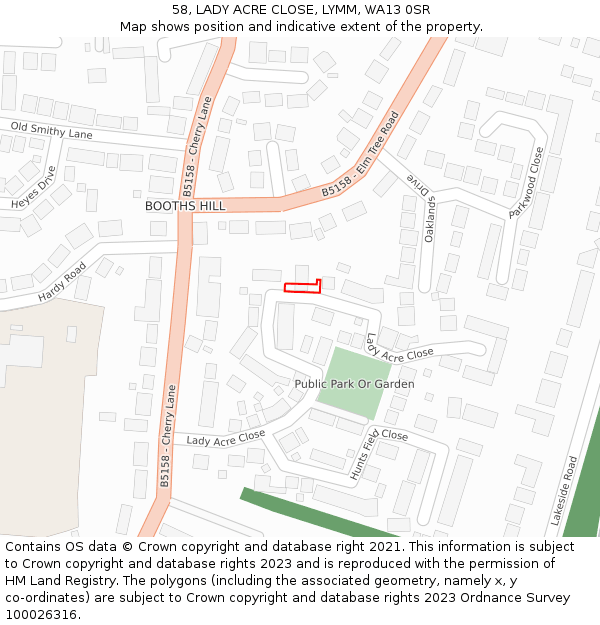 58, LADY ACRE CLOSE, LYMM, WA13 0SR: Location map and indicative extent of plot