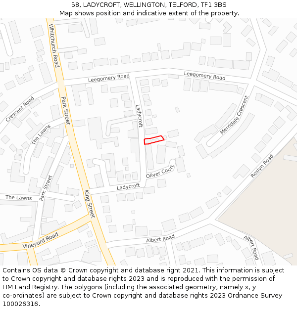 58, LADYCROFT, WELLINGTON, TELFORD, TF1 3BS: Location map and indicative extent of plot