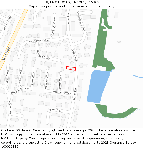 58, LARNE ROAD, LINCOLN, LN5 9TY: Location map and indicative extent of plot