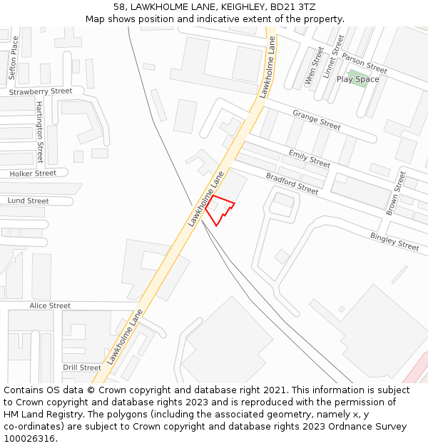 58, LAWKHOLME LANE, KEIGHLEY, BD21 3TZ: Location map and indicative extent of plot