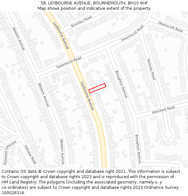 58, LEYBOURNE AVENUE, BOURNEMOUTH, BH10 6HF: Location map and indicative extent of plot