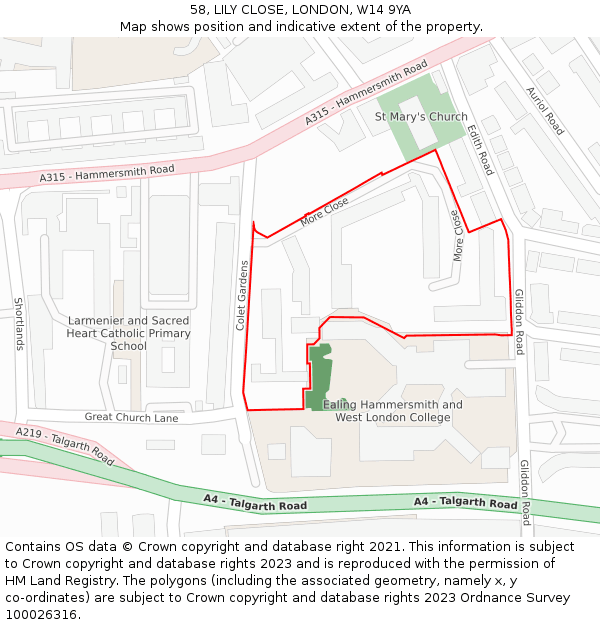 58, LILY CLOSE, LONDON, W14 9YA: Location map and indicative extent of plot