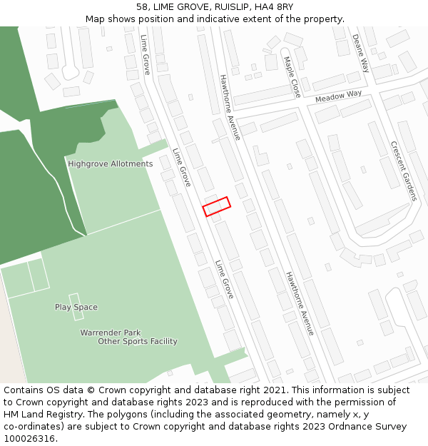 58, LIME GROVE, RUISLIP, HA4 8RY: Location map and indicative extent of plot