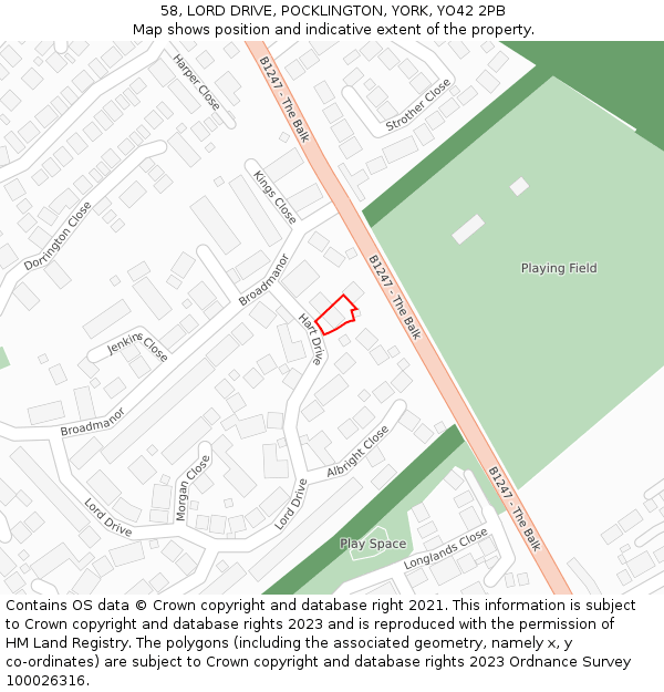 58, LORD DRIVE, POCKLINGTON, YORK, YO42 2PB: Location map and indicative extent of plot