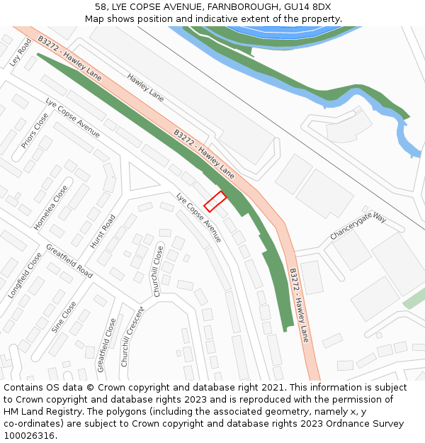 58, LYE COPSE AVENUE, FARNBOROUGH, GU14 8DX: Location map and indicative extent of plot