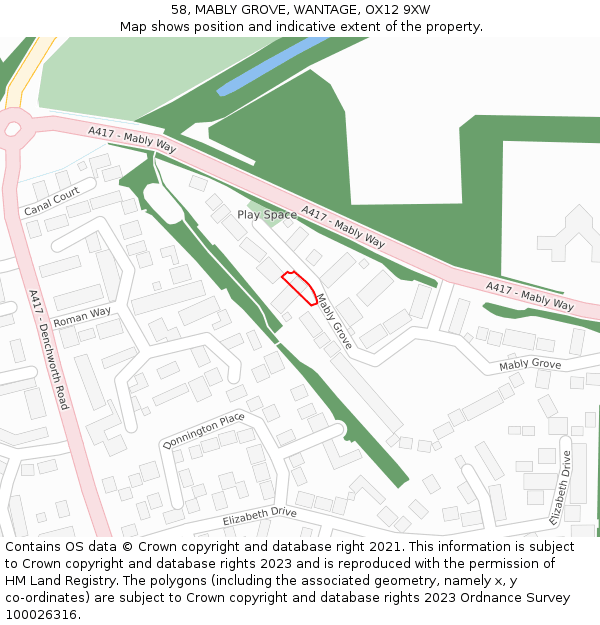 58, MABLY GROVE, WANTAGE, OX12 9XW: Location map and indicative extent of plot