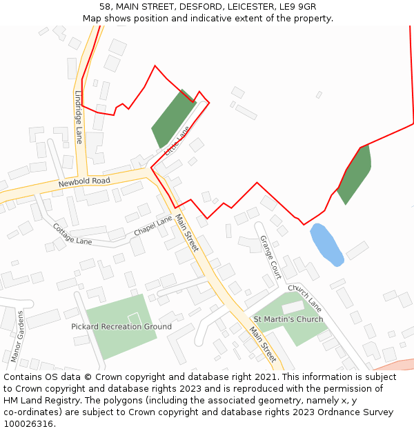 58, MAIN STREET, DESFORD, LEICESTER, LE9 9GR: Location map and indicative extent of plot