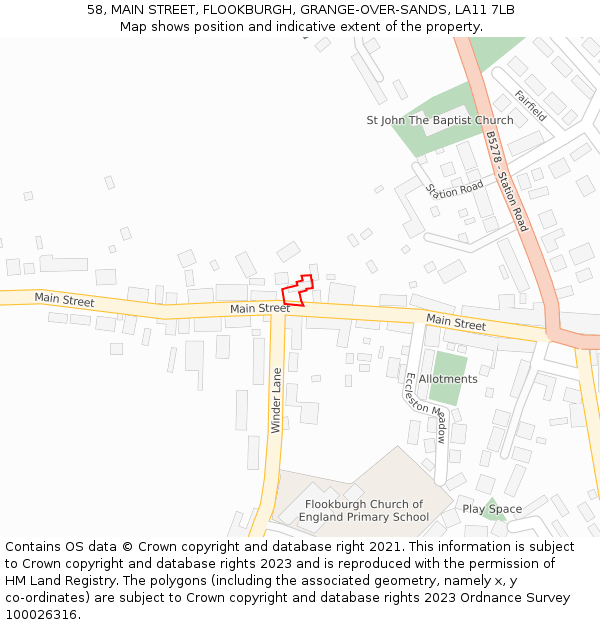 58, MAIN STREET, FLOOKBURGH, GRANGE-OVER-SANDS, LA11 7LB: Location map and indicative extent of plot