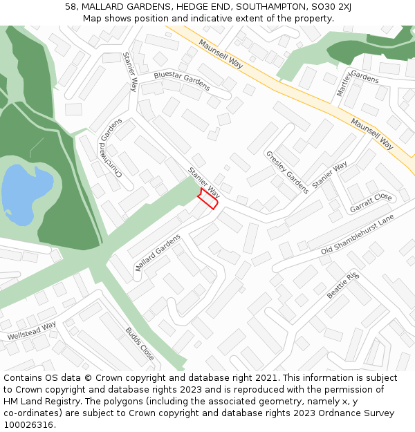 58, MALLARD GARDENS, HEDGE END, SOUTHAMPTON, SO30 2XJ: Location map and indicative extent of plot