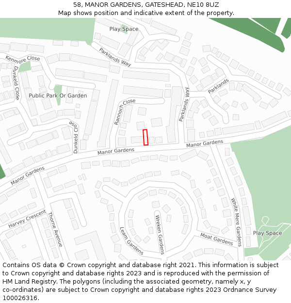 58, MANOR GARDENS, GATESHEAD, NE10 8UZ: Location map and indicative extent of plot