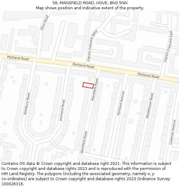 58, MANSFIELD ROAD, HOVE, BN3 5NN: Location map and indicative extent of plot