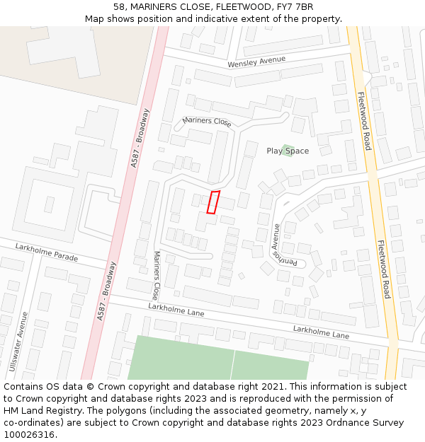 58, MARINERS CLOSE, FLEETWOOD, FY7 7BR: Location map and indicative extent of plot