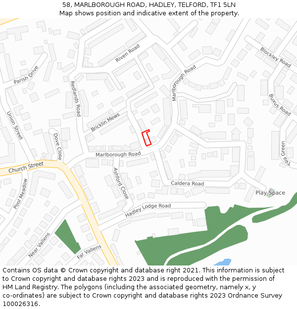 58, MARLBOROUGH ROAD, HADLEY, TELFORD, TF1 5LN: Location map and indicative extent of plot