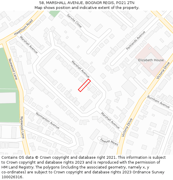 58, MARSHALL AVENUE, BOGNOR REGIS, PO21 2TN: Location map and indicative extent of plot