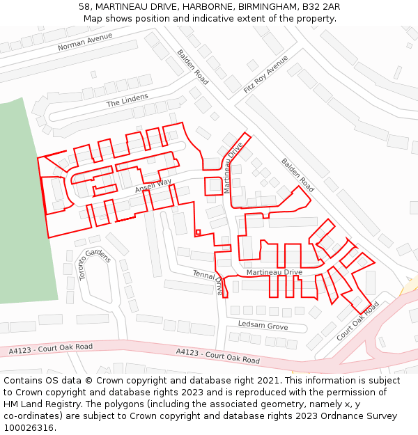 58, MARTINEAU DRIVE, HARBORNE, BIRMINGHAM, B32 2AR: Location map and indicative extent of plot