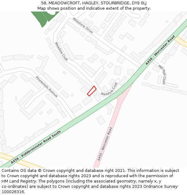 58, MEADOWCROFT, HAGLEY, STOURBRIDGE, DY9 0LJ: Location map and indicative extent of plot