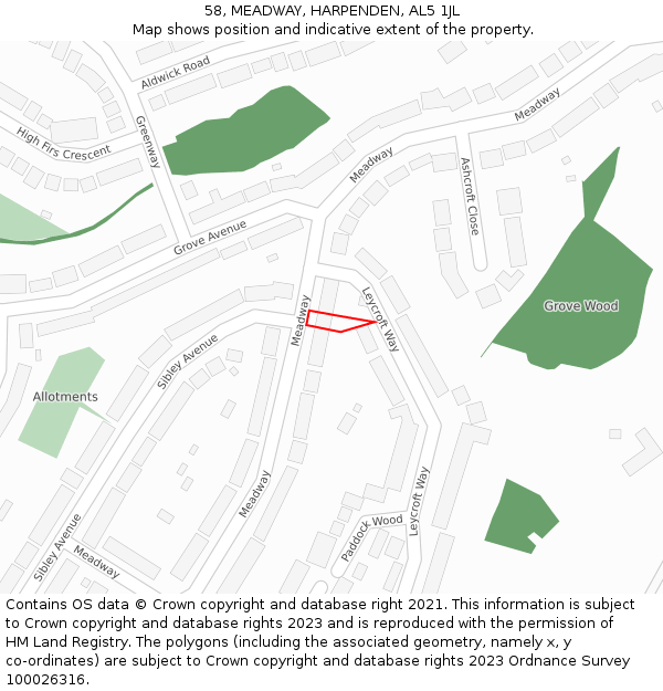 58, MEADWAY, HARPENDEN, AL5 1JL: Location map and indicative extent of plot