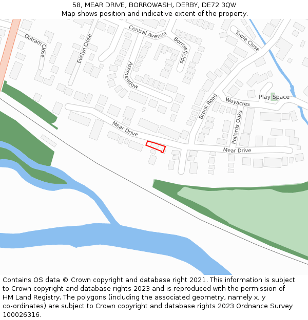 58, MEAR DRIVE, BORROWASH, DERBY, DE72 3QW: Location map and indicative extent of plot