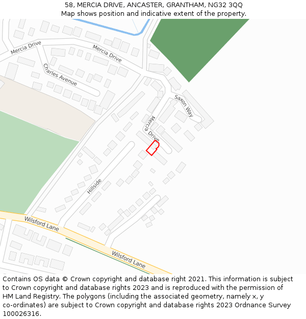 58, MERCIA DRIVE, ANCASTER, GRANTHAM, NG32 3QQ: Location map and indicative extent of plot