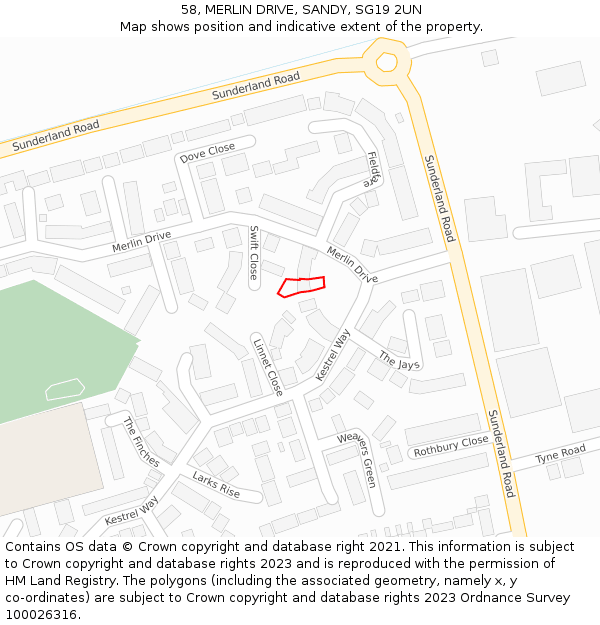 58, MERLIN DRIVE, SANDY, SG19 2UN: Location map and indicative extent of plot