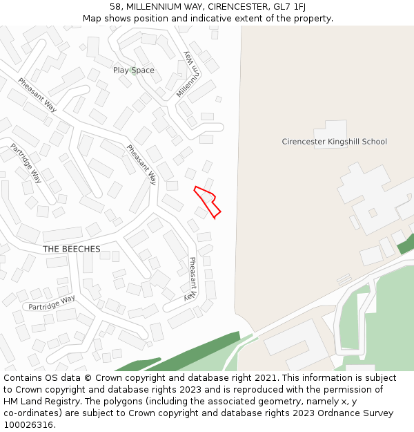 58, MILLENNIUM WAY, CIRENCESTER, GL7 1FJ: Location map and indicative extent of plot
