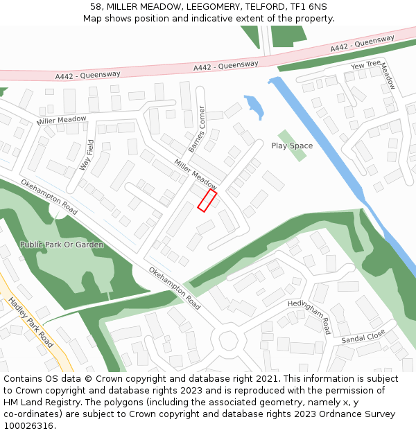 58, MILLER MEADOW, LEEGOMERY, TELFORD, TF1 6NS: Location map and indicative extent of plot