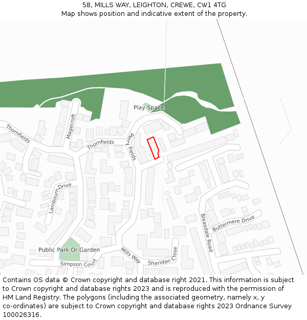 58, MILLS WAY, LEIGHTON, CREWE, CW1 4TG: Location map and indicative extent of plot