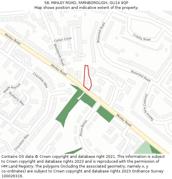 58, MINLEY ROAD, FARNBOROUGH, GU14 9QP: Location map and indicative extent of plot