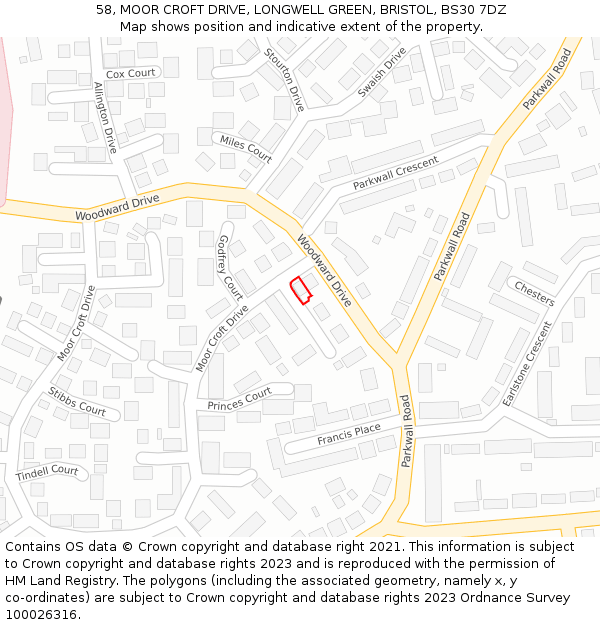 58, MOOR CROFT DRIVE, LONGWELL GREEN, BRISTOL, BS30 7DZ: Location map and indicative extent of plot