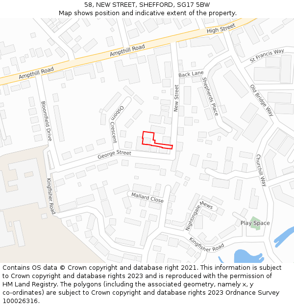 58, NEW STREET, SHEFFORD, SG17 5BW: Location map and indicative extent of plot