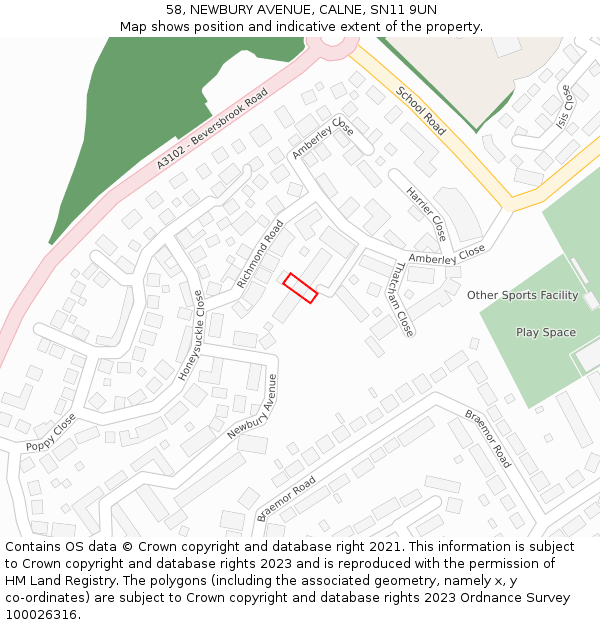 58, NEWBURY AVENUE, CALNE, SN11 9UN: Location map and indicative extent of plot