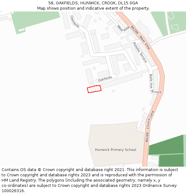 58, OAKFIELDS, HUNWICK, CROOK, DL15 0GA: Location map and indicative extent of plot