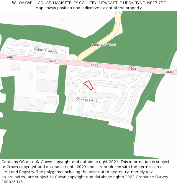 58, OAKWELL COURT, HAMSTERLEY COLLIERY, NEWCASTLE UPON TYNE, NE17 7BE: Location map and indicative extent of plot