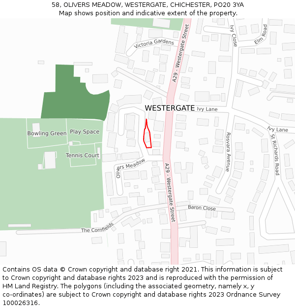 58, OLIVERS MEADOW, WESTERGATE, CHICHESTER, PO20 3YA: Location map and indicative extent of plot