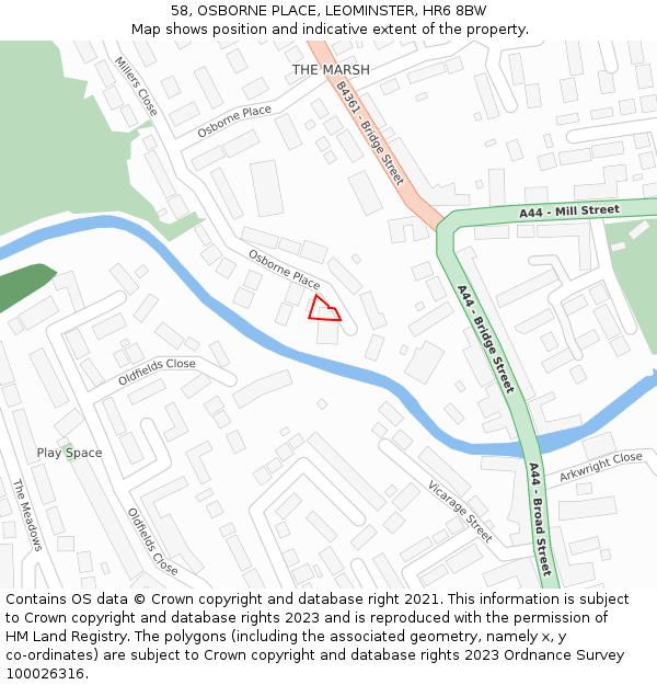 58, OSBORNE PLACE, LEOMINSTER, HR6 8BW: Location map and indicative extent of plot