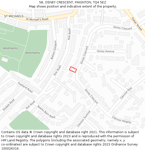 58, OSNEY CRESCENT, PAIGNTON, TQ4 5EZ: Location map and indicative extent of plot