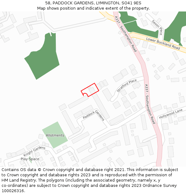 58, PADDOCK GARDENS, LYMINGTON, SO41 9ES: Location map and indicative extent of plot