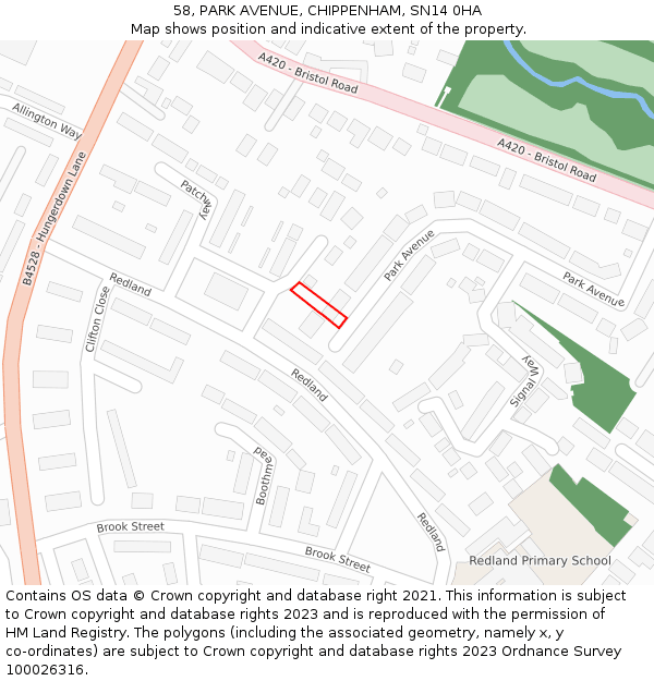 58, PARK AVENUE, CHIPPENHAM, SN14 0HA: Location map and indicative extent of plot