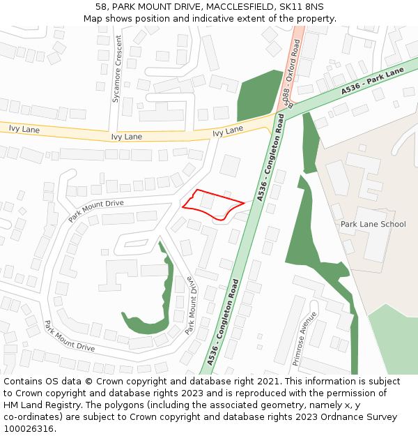 58, PARK MOUNT DRIVE, MACCLESFIELD, SK11 8NS: Location map and indicative extent of plot