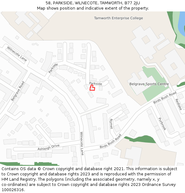 58, PARKSIDE, WILNECOTE, TAMWORTH, B77 2JU: Location map and indicative extent of plot