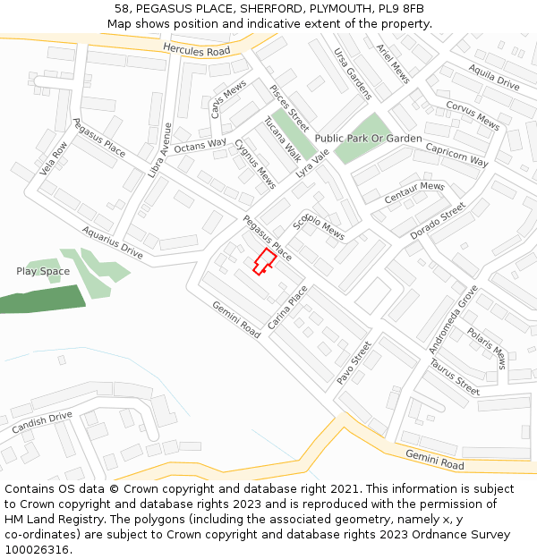 58, PEGASUS PLACE, SHERFORD, PLYMOUTH, PL9 8FB: Location map and indicative extent of plot